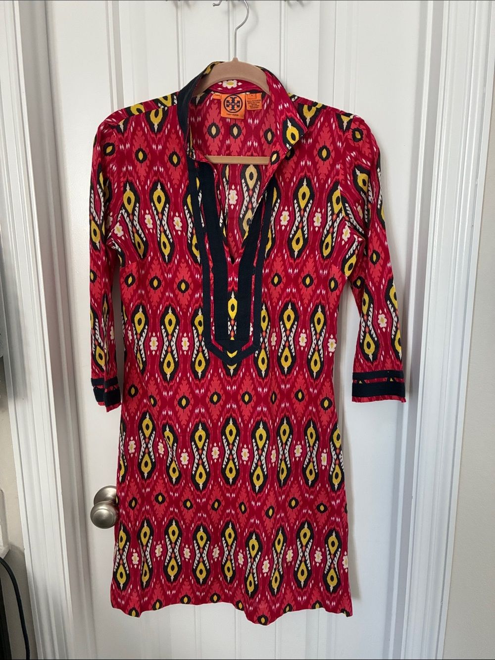 Tory Burch Red Ikat Tunic Dress with Black & Yellow Accents